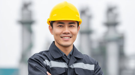 A confident male construction worker smiles while wearing a safety helmet and gear at an industrial site. The background features industrial equipment, emphasizing professionalism.の素材