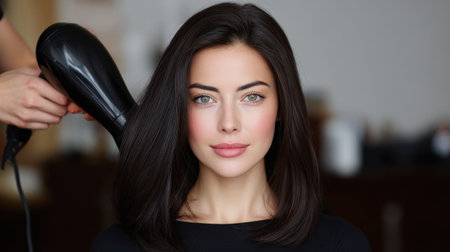 A stunning woman in a salon setting is enjoying a professional blow-dry, showcasing her healthy hair and radiant skin, embracing beauty and elegance.の素材