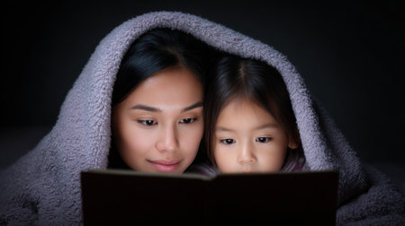 A tender moment captured as a mother reads to her young daughter under a cozy blanket. The soft lighting enhances the intimate atmosphere of this joyful bonding experience focused on storytelling and love.の素材