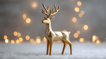 This elegant golden geometric deer sculpture stands on a soft surface, adorned by a dreamy bokeh background, perfect for holiday and minimalist decor.の素材