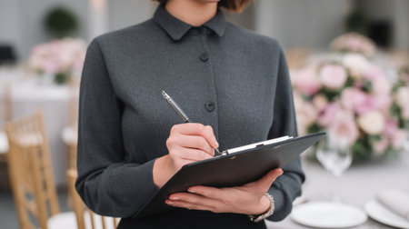 A professional woman in a black outfit writes notes on a clipboard in a beautifully decorated event space filled with floral arrangements and elegant tables.の素材