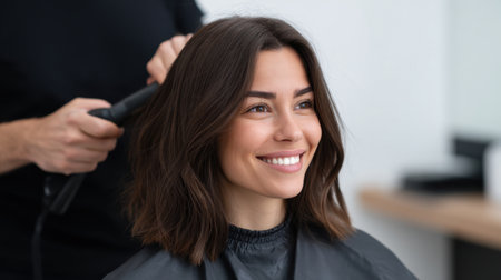 A cheerful woman enjoys a hair styling session in a modern salon, showcasing the professional stylist's techniques with a curling iron for a chic look.の素材