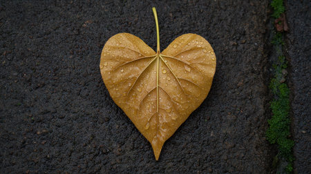 A close-up of a heart-shaped yellow leaf with droplets of water resting on its surface, set against a dark stone background, showcasing nature's beauty.の素材
