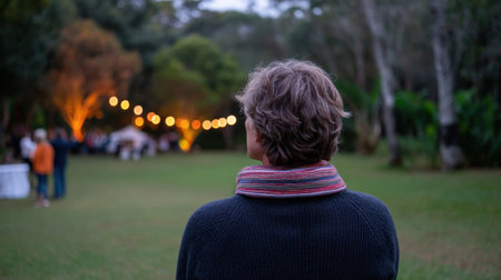 A person stands in a lush green setting, enjoying a serene outdoor event adorned with beautiful evening lights, creating a tranquil atmosphere.の素材