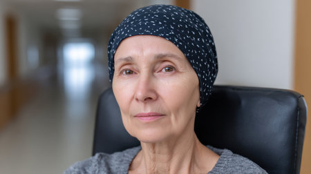 This portrait captures a resilient woman wearing a headscarf, seated in a hospital environment, embodying strength and hope during her health challenge.の素材
