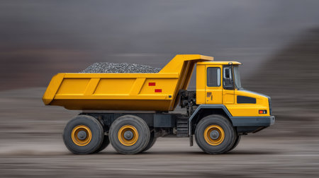 A vibrant yellow dumper truck is seen transporting gravel across a construction site, showcasing the vehicle's speed and efficiency against a motion-blurred background.の素材