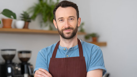 A cheerful barista stands confidently with arms crossed in a stylish coffee shop. The inviting setting features plants and brewing equipment, creating a warm atmosphere.の素材