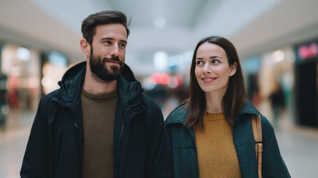A joyful couple walks together in a stylish shopping mall, radiating happiness and connection. Their casual attire and smiles evoke a sense of togetherness in a vibrant setting.の素材