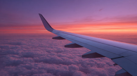 This stunning image captures a vibrant sunset viewed from an airplane wing, showcasing colorful clouds and a serene atmosphere, ideal for travel themes.の素材