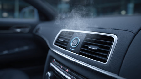 Close-up view of a car air vent with steam rising, illustrating the modern climate control system and comfort within the vehicle cabin.の素材