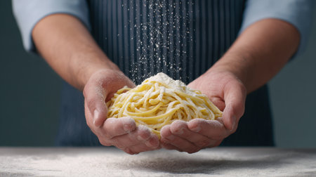 A pair of hands cradling fresh egg noodles, lightly dusted with flour, in an attractive culinary setting. Ideal for food preparation themes.の素材