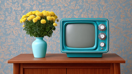 This image features a charming vintage turquoise television alongside a vibrant vase of yellow flowers, set on a wooden table, creating a nostalgic and inviting atmosphere.の素材