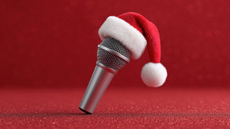 A charming microphone adorned with a Santa hat resting on a vibrant red glitter background symbolizes festive cheer and holiday celebrations. Perfect for music and event themes.の素材