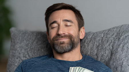 A delighted man sits on a cozy couch with a peaceful smile, holding cash in his hand, embodying comfort and financial contentment in his home setting.の素材