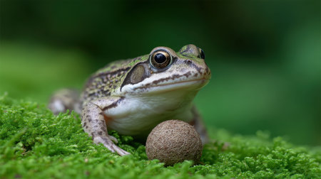 This captivating close-up photograph features a frog resting on vibrant green moss, showcasing its unique features and natural habitat.の素材