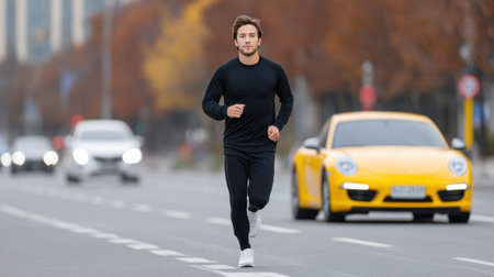 A young male athlete energetically running along a city street during autumn. The scene captures the essence of an active lifestyle, showcasing determination and vitality amidst an urban backdrop.の素材