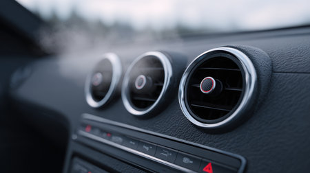 A close-up image showcasing a sleek car air vent emitting warm air, highlighting modern interior design and comfort in vehicle technology.の素材