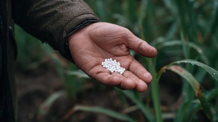 A close-up view of a hand holding small white seed pellets against a lush green agricultural field, emphasizing sustainable farming techniques and growth potential.の素材