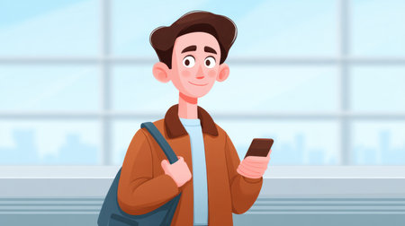 A cheerful young man is standing in a contemporary airport terminal, using his smartphone. He exudes a relaxed vibe, combining style and modernity.の素材