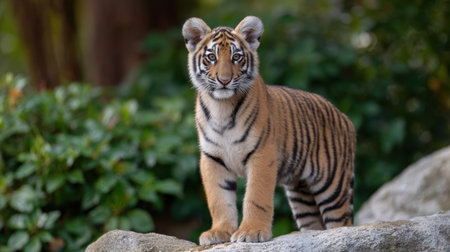 A charming young tiger cub poses atop a rocky surface, showcasing its striking stripes and curious demeanor amidst lush greenery, embodying the essence of wildlife.の素材