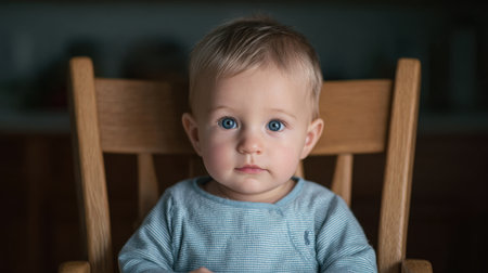 A beautiful portrait of a serious baby with striking blue eyes, sitting in a wooden chair. The soft indoor light highlights the child's innocence and curiosity.の素材