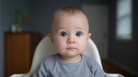 A captivating portrait of a young baby seated in a high chair, showcasing a calm expression and bright blue eyes in soft, natural indoor light.の素材
