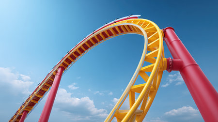 This stunning image showcases a vibrant roller coaster loop, featuring bright yellow and red colors against a clear blue sky with fluffy clouds. A perfect representation of adventure and fun.の素材