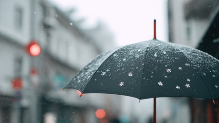 A snow-covered umbrella stands out in an urban setting, capturing the essence of winter. Soft snowflakes drift down against a cold city background, evoking tranquility.の素材