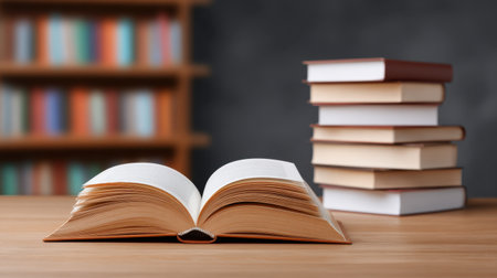 An open book rests on a wooden table, with a stack of books in the background and a blurred bookshelf. This image captures a serene atmosphere for learning and reflection.の素材