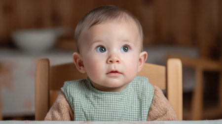 A sweet baby seated in a cozy wooden setting, showcasing a look of wonder and curiosity. This portrait captures the essence of innocence and joy in early childhood.の素材