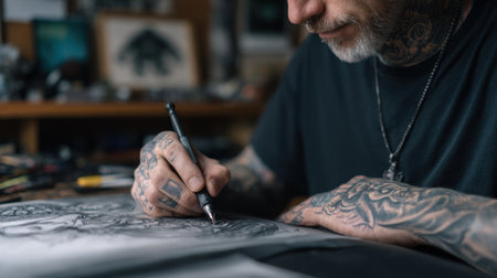 A dedicated artist with tattoos is shown meticulously drawing intricate designs in a well-organized creative workspace filled with various art materials.の素材
