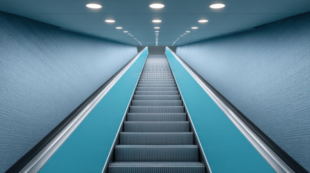 An interior view of a modern escalator situated in a sleek tunnel characterized by blue walls and bright ceiling lights. The image captures a sense of motion and upward journey, highlighting contemporary architectural design and minimalistic beauty.の素材
