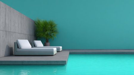 This modern outdoor space features sleek lounge chairs by a sparkling turquoise pool, complemented by lush tropical plants and a serene ambiance.の素材