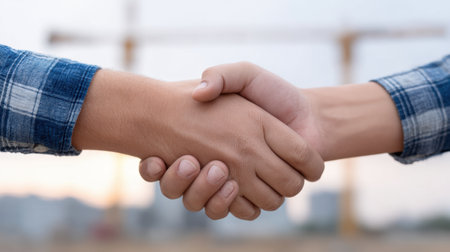A handshake takes place between two individuals, representing partnership and collaboration on a construction site at sunset, symbolizing trust and cooperation.の素材
