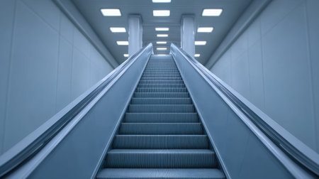 A striking image of a modern escalator leading to a well-lit upper level. The minimalist design features clean lines, creating a sleek and inviting atmosphere.の素材