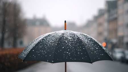 A striking black umbrella adorned with snowflakes stands alone on a snow-covered street. The blurred buildings in the background evoke a serene winter atmosphere.の素材