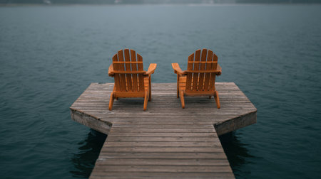 Two wooden chairs sit on a dock, beautifully positioned over calm lake waters. This scene captures tranquility, perfect for relaxation and reflection.の素材