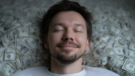 A young man lies comfortably on a bed filled with dollar bills, smiling and radiating happiness. This scene captures a moment of pure relaxation and bliss.の素材