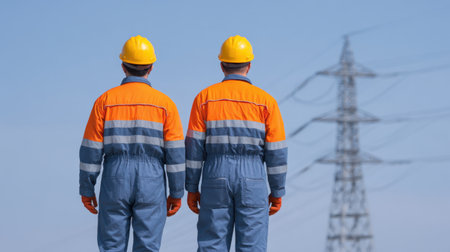 Two workers in orange and gray safety gear observe power lines under a clear blue sky, highlighting teamwork and professionalism in the energy industry.の素材