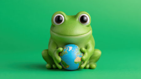 This adorable green frog toy holds a globe, showcasing a vibrant green background. It symbolizes joy, environmental awareness, and love for nature.の素材