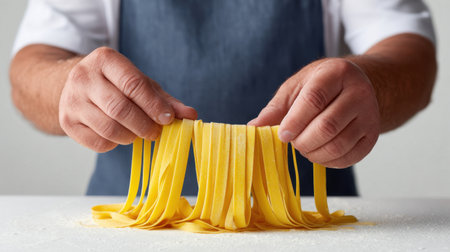A skilled chef's hands expertly prepare fresh homemade pasta, showcasing culinary craftsmanship in a modern kitchen, emphasizing texture and flavor.の素材