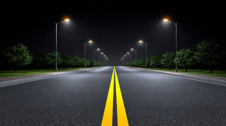 This image showcases an empty road at night with glowing street lights illuminating the dark surroundings and lush greenery along the sides.の素材