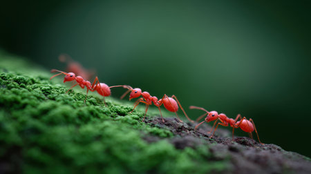 This close-up image captures red ants crawling over lush green moss, showcasing the vibrant colors and intricate details of these fascinating insects in their natural habitat.の素材