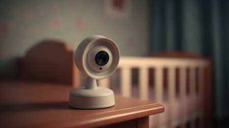 A modern baby monitor camera elegantly situated on a nursery table, offering efficient monitoring for infant safety while enhancing the cozy atmosphere of the room.の素材