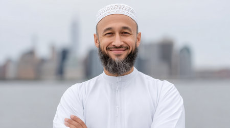 A joyful man in white traditional attire stands confidently by the water, with a vibrant city skyline as the backdrop, embodying cultural pride and warmth.の素材