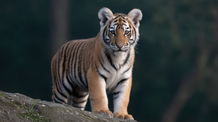 A captivating image of a young tiger standing on a rock, displaying its striking stripes and playful expression in a serene natural setting.の素材