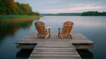 A peaceful scene featuring wooden chairs placed on a dock, overlooking a calm lake at sunset. Ideal for relaxation and nature lovers.の素材