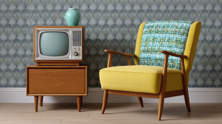 A retro-inspired living room scene showcasing a stylish yellow chair beside a vintage television, set against a colorful geometric patterned wall.の素材