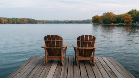 Two wooden chairs sit on a dock, overlooking a calm lake surrounded by vibrant autumn foliage. This tranquil setting invites relaxation and reflection.の素材