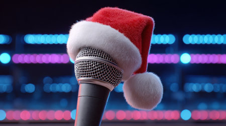 A vibrant and festive microphone adorned with a Santa hat, perfect for Christmas celebrations and holiday performances. Ideal for events and parties.の素材